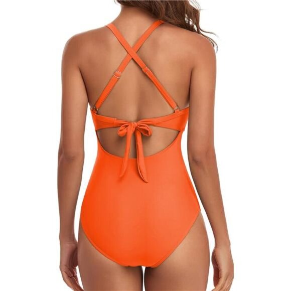 Women's One Piece Swimsuit Tummy Control Cutout High Waisted Wrap Tie Back - Picture 3 of 6